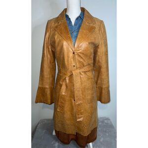 Wilsons Leather Duster Caramel Tan Trench Eyelet 70s Pearl Snaps Coat